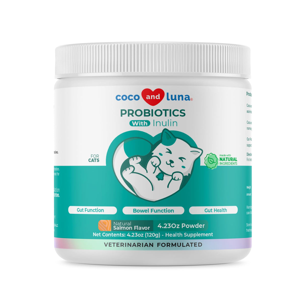 Coco et Luna Probiotiques Chat — Bouteille poudre soutenant la digestion.