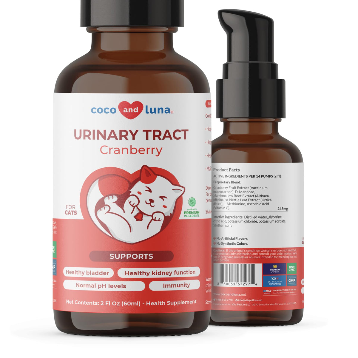 Coco et Luna Cranberry pour chats, flacon pompe, soutien urinaire possible.
