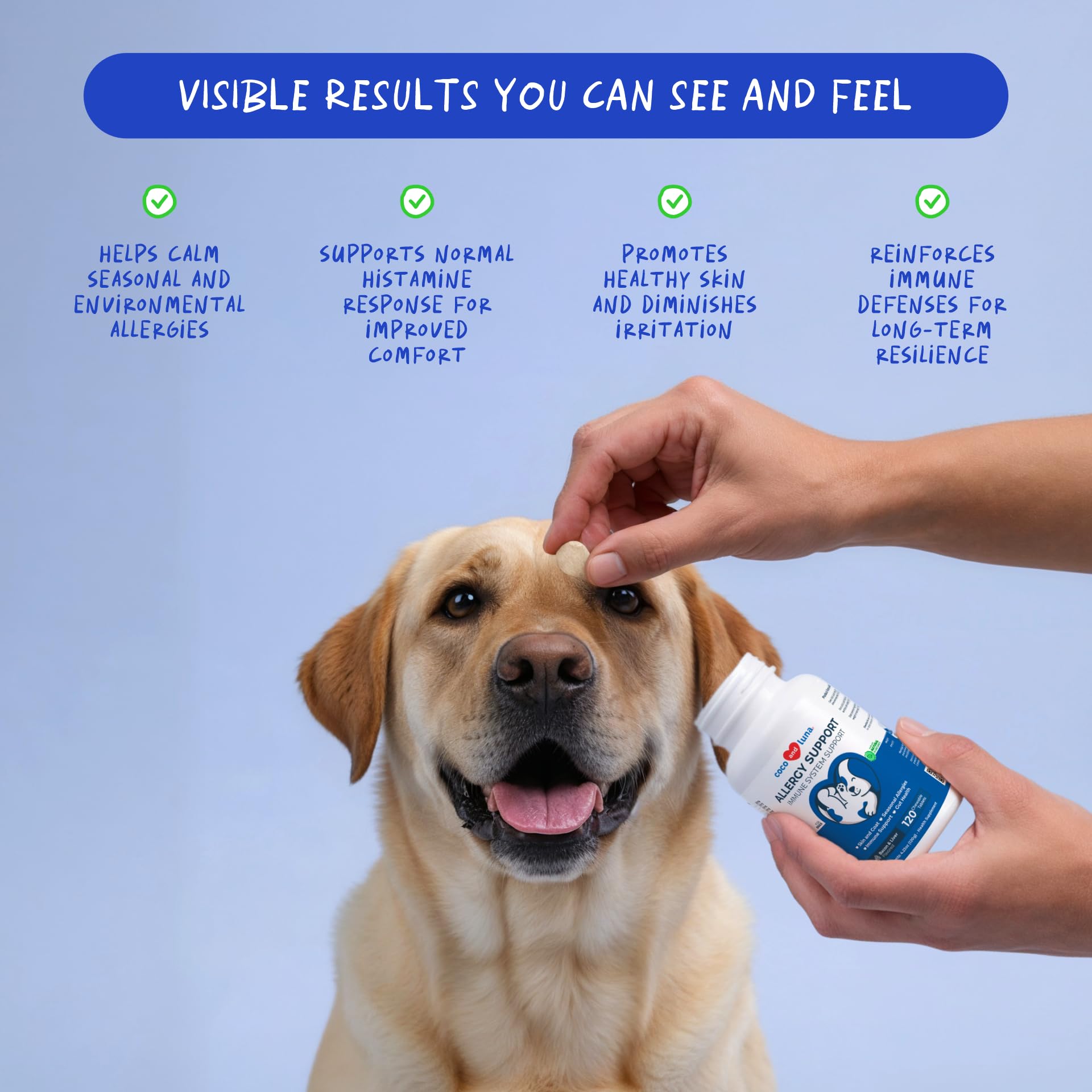 Coco et Luna probiotiques cinq souches pour immunité et équilibre intestinal du chien.