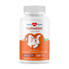Coco et Luna Turmeric pour chiens, comprimés masticables, soutien possible des articulations.