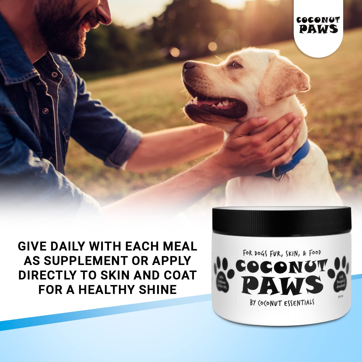 Coconut Essentials Paws : application sur chien pour peau saine et pelage brillant.