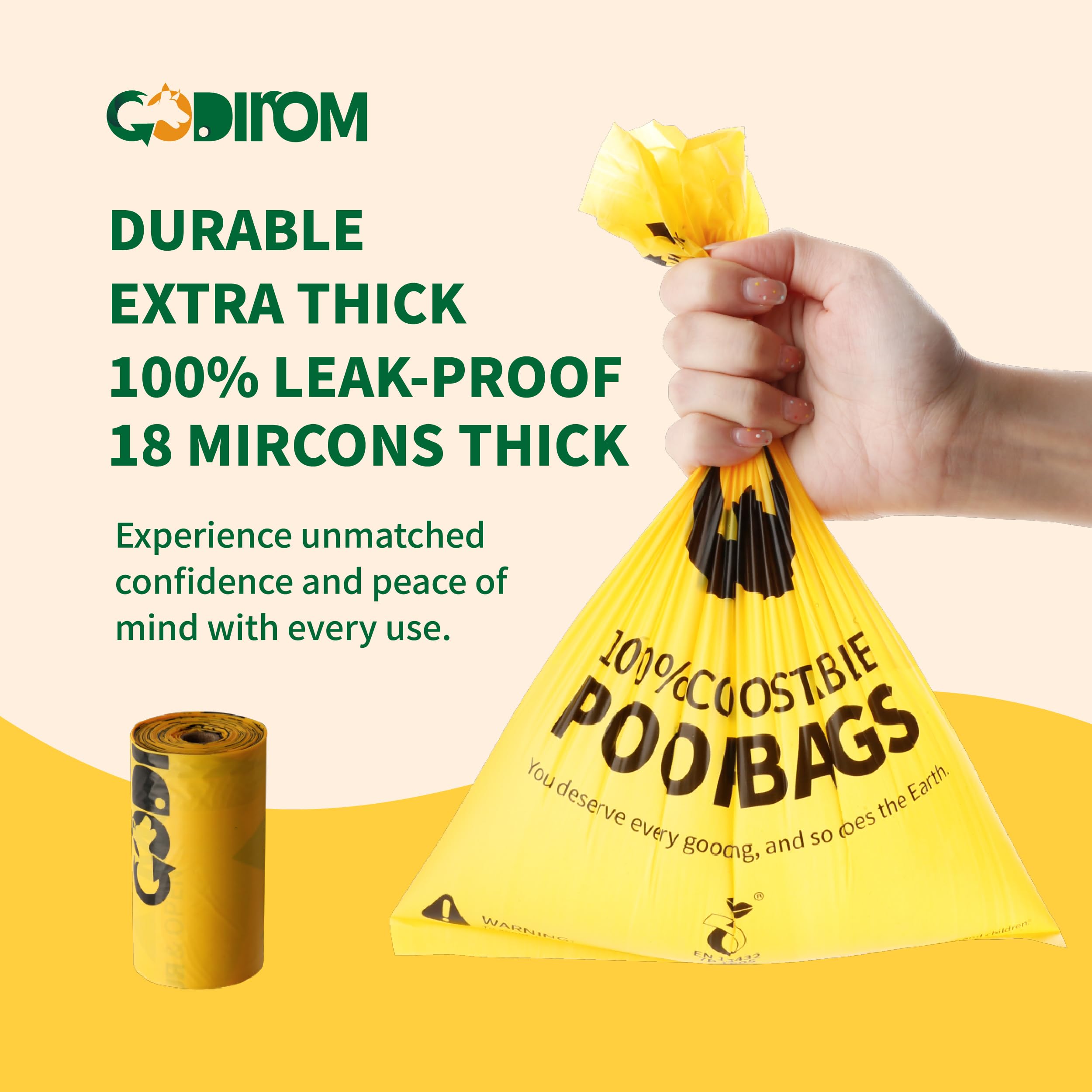 Sac compostable certifié à domicile Codirom, conforme D6400 et EN13432.