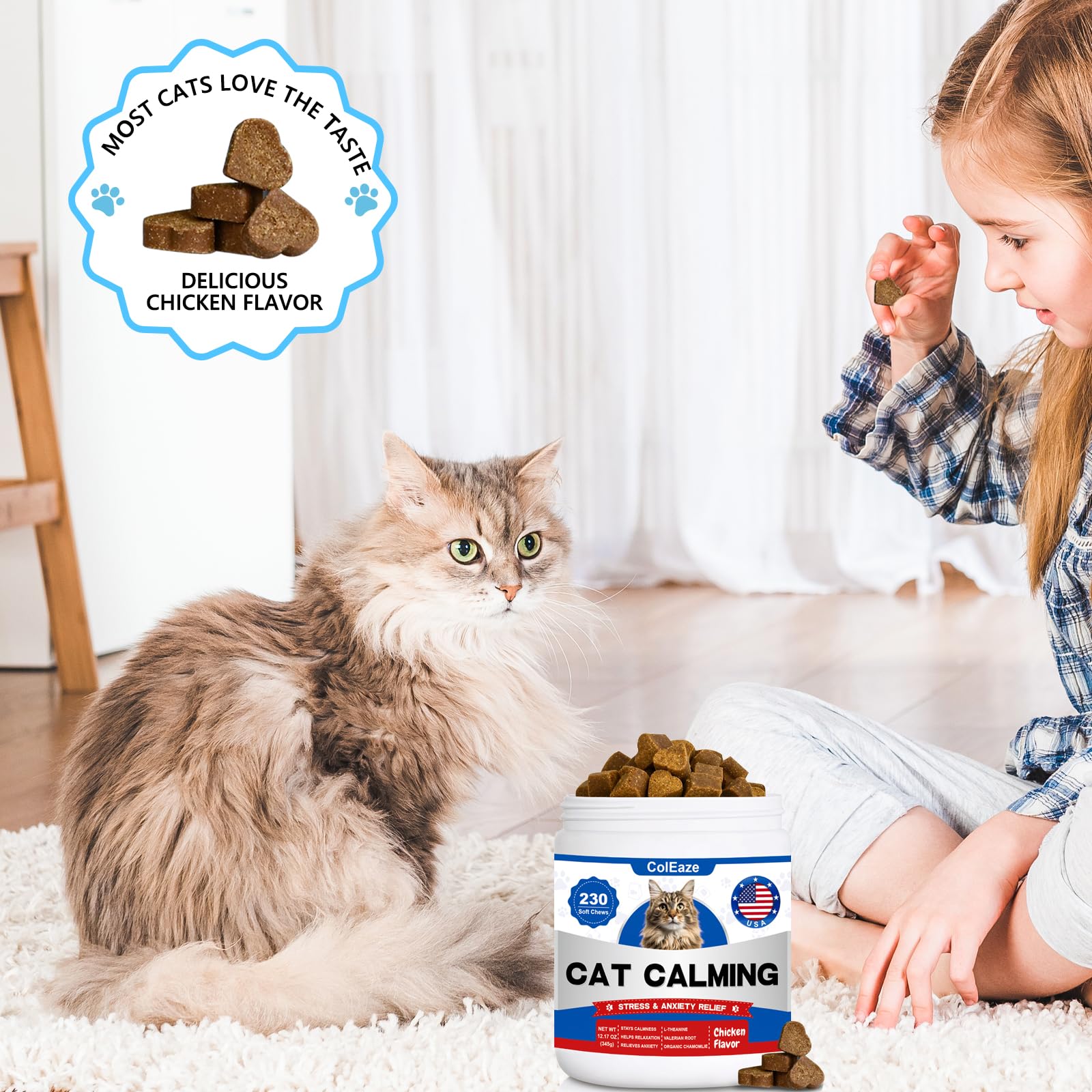 ColEaze friandises apaisantes chat poulet usage quotidien lors de périodes stressantes potentielles.