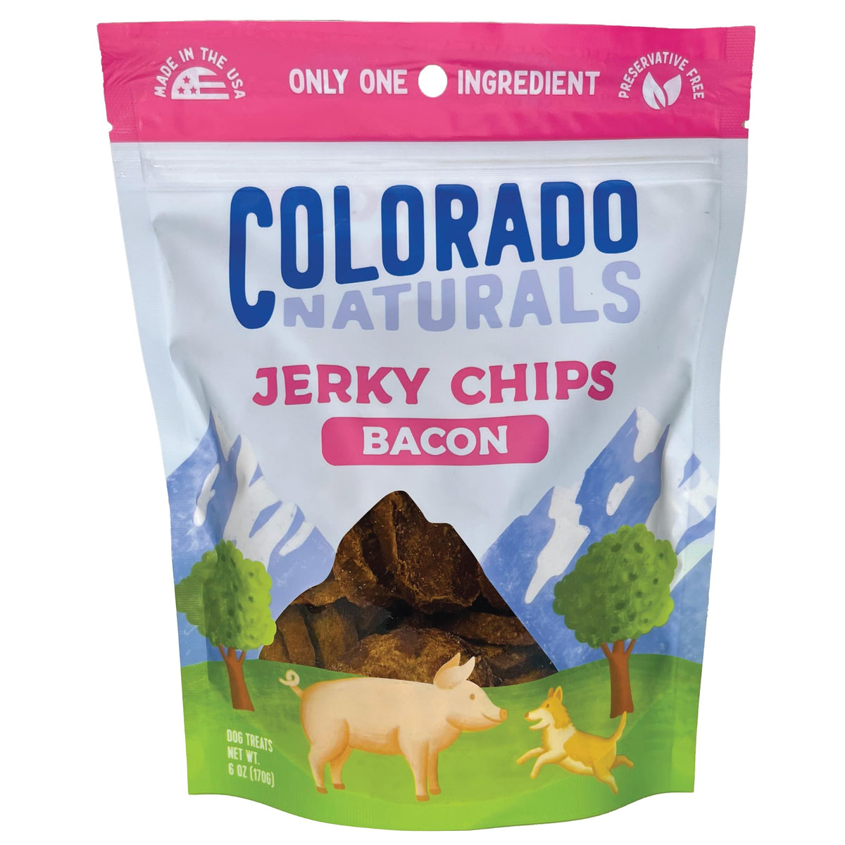 Colorado Naturals Bacon Jerky Chips emballage clair et pratique pour chien.