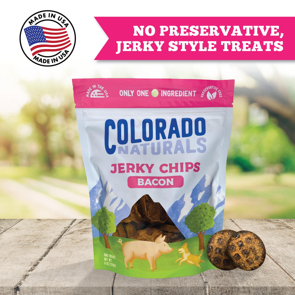 Colorado Naturals Bacon Jerky Chips protéines et nutriments pour chien actif.