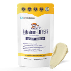 Colostrum-LD, bouteille liposomal montrant le produit, soutien potentiel au système immunitaire des chiens et chats.