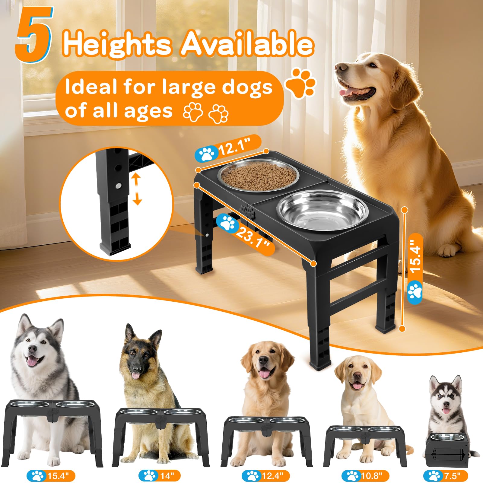 COMESOON support elevé pour chiens grands, 5 hauteurs ajustables.