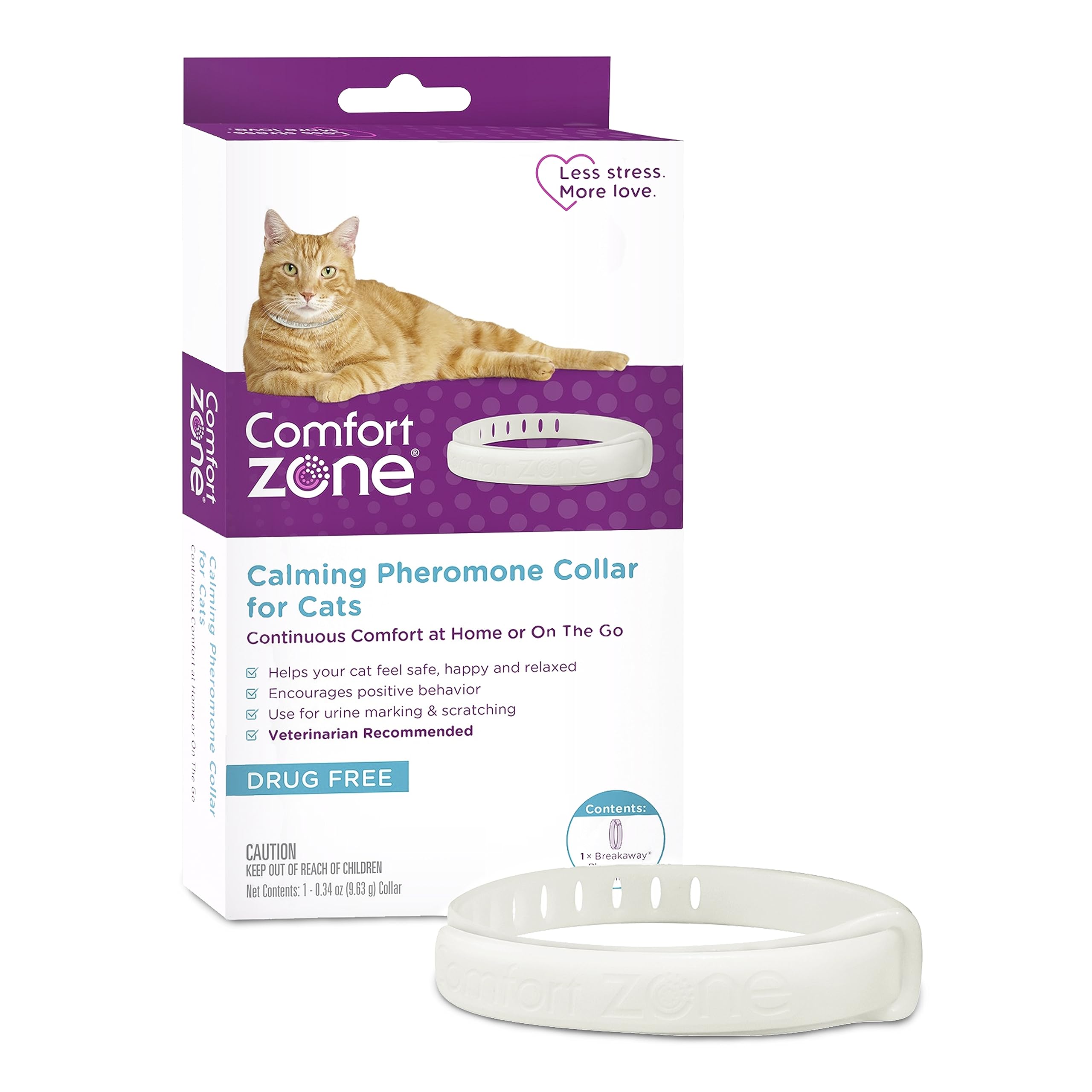Collier calmant Comfort Zone pour chats, usage intérieur et extérieur, apaisement possible.
