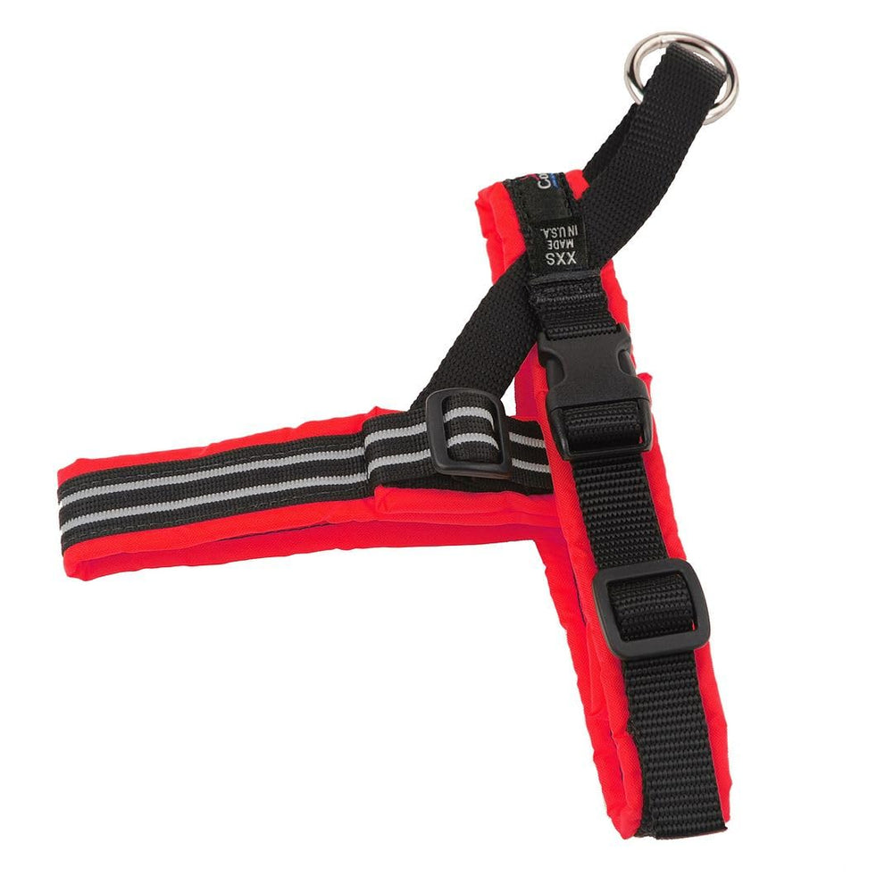 Harnais ComfortFlex Sport sans étranglement rouge favorisant une respiration libre pendant les balades.