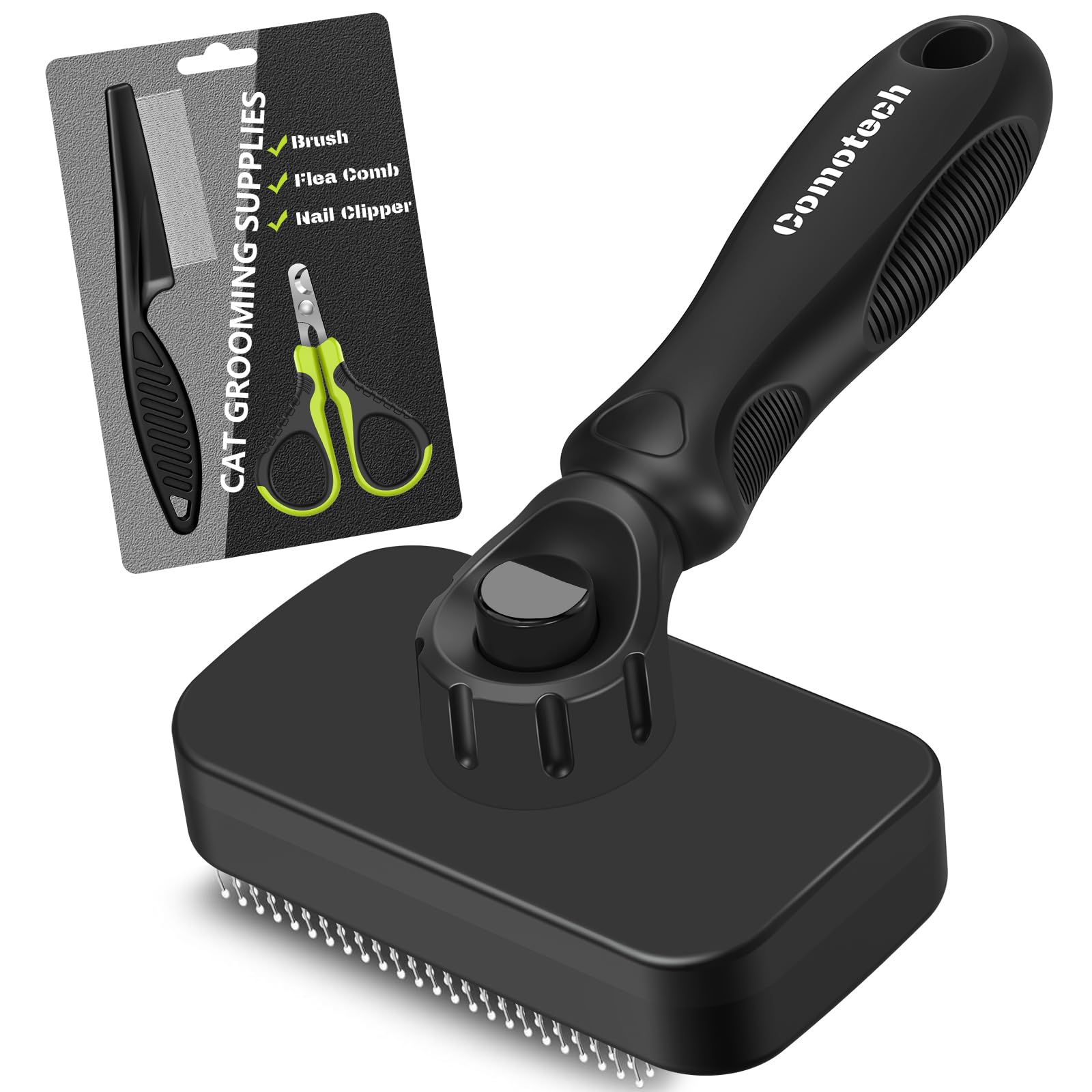 Kit de toilettage Comotech pour chat avec brosse facilitant le démêlage.