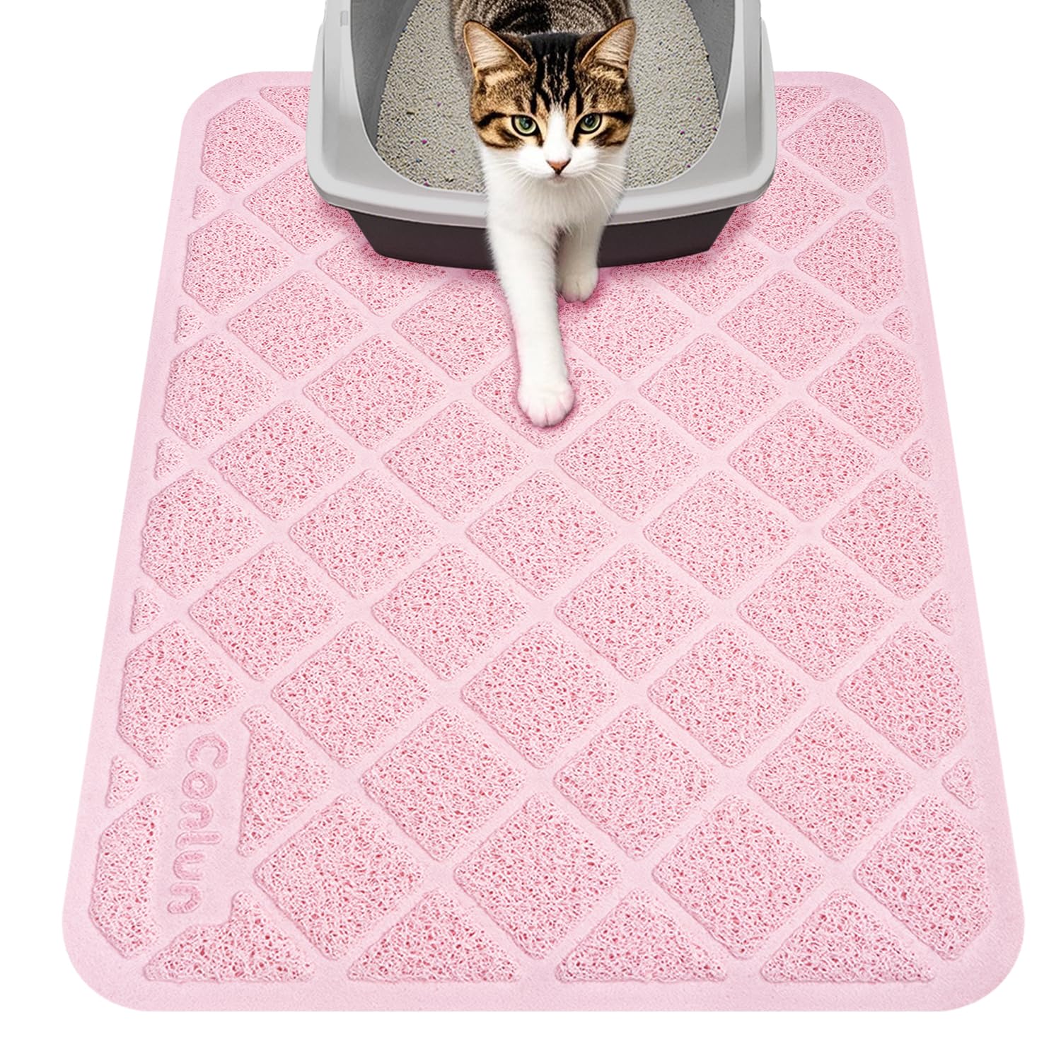 Conlun Tapis Litière Chat: grille PVC rose capture les débris et protège le sol.