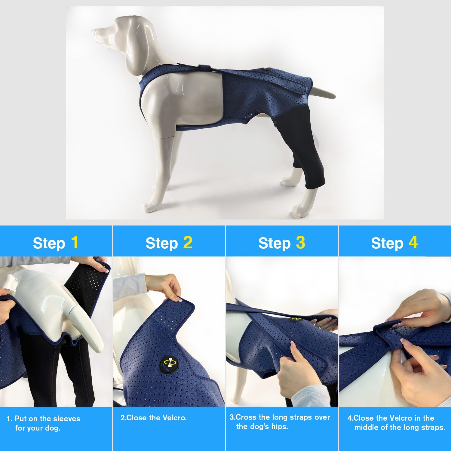 Coodeo Recovery Suit bleu, réglages: fermetures et sangles ajustables.