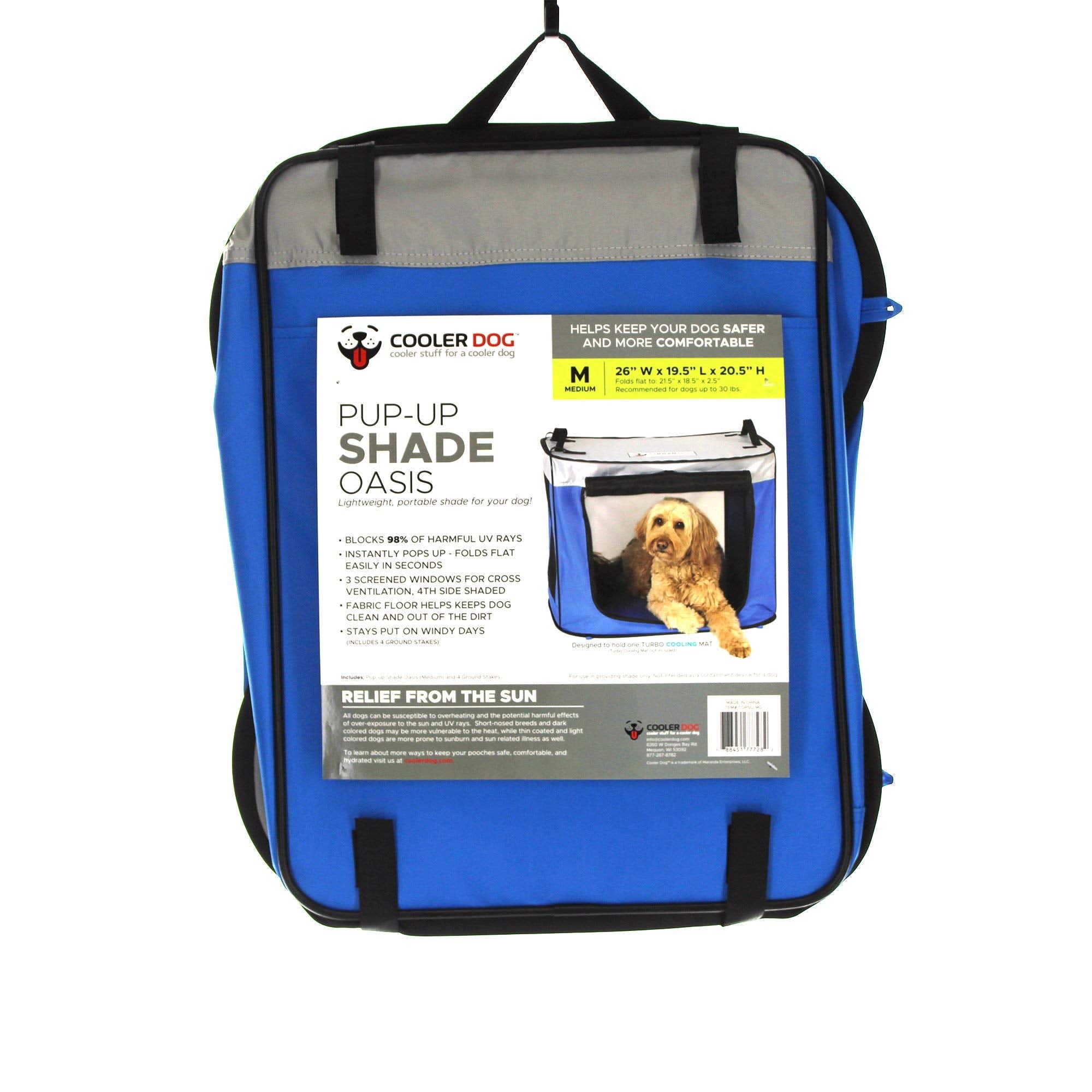 CoolerDog : tente ombre pour chien avec piquets pour stabilité sur terrain varié.