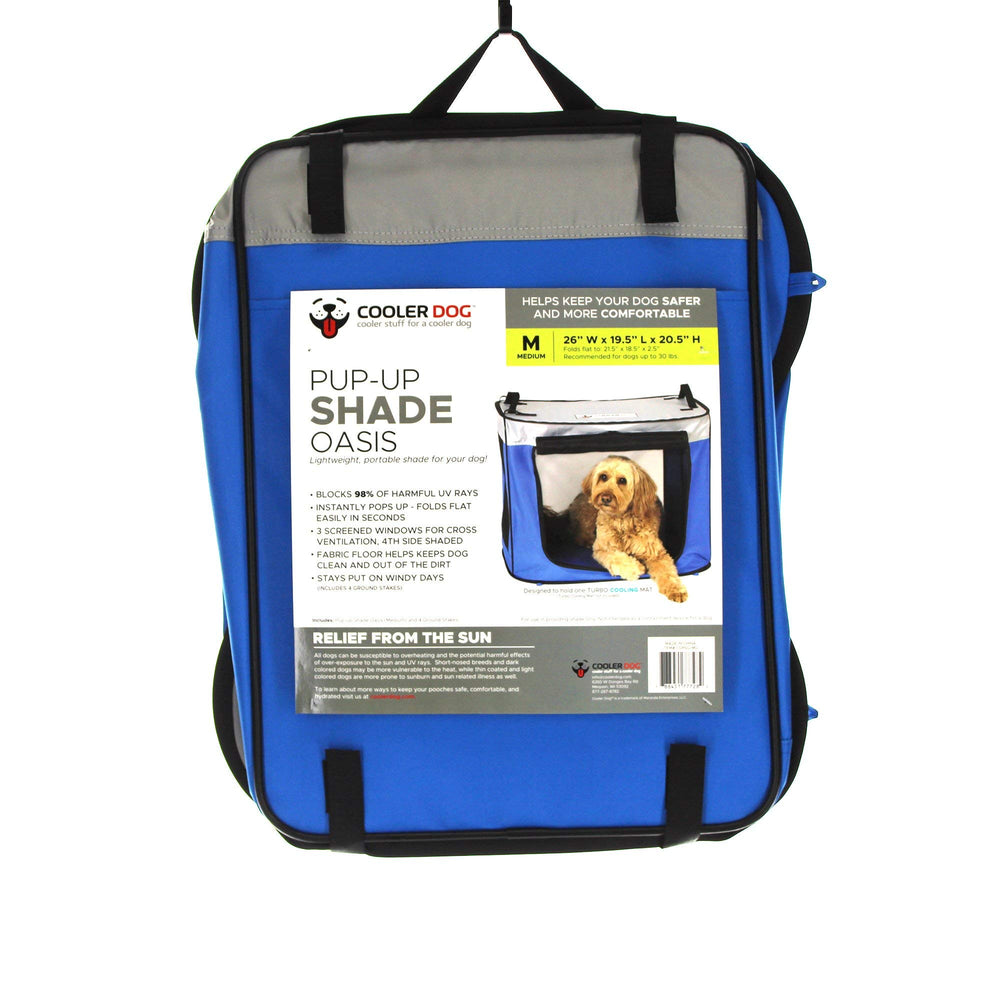CoolerDog : tente ombre pour chien avec piquets pour stabilité sur terrain varié.