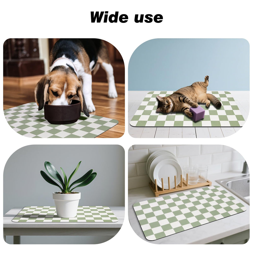 Design carreaux vert du tapis CooRug égaye l’espace repas.