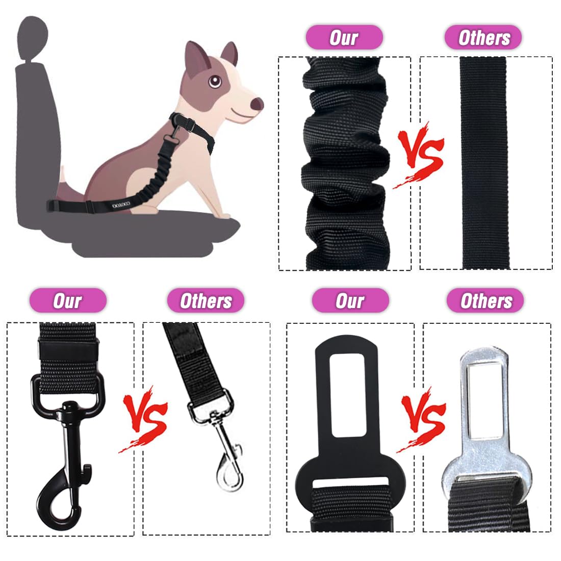 COOYOO Dog Seat Belt anti-noeuds avec mousqueton rotatif à 360°.