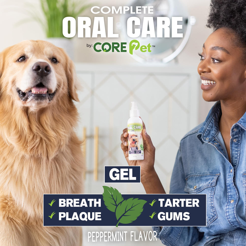 CORE Pet Complete Oral Care: etiquette menthe sur l’emballage, démontrant l’authenticité et la qualité.