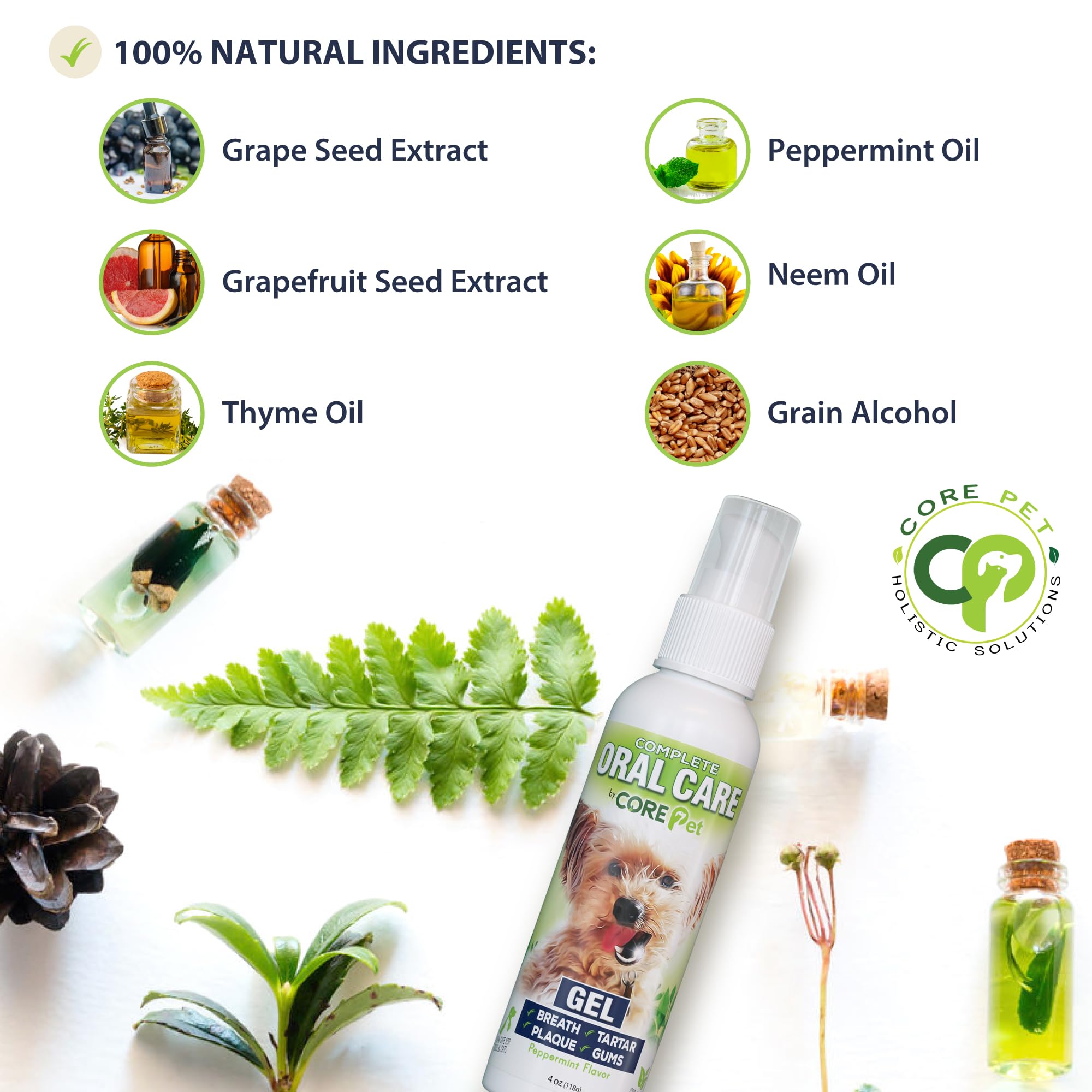 CORE Pet Complete Oral Care : emballage et étiquette menthe pour une apparence naturelle.
