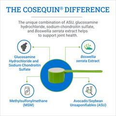 Nutramax Cosequin ASU – étiquette informative, guide d'utilisation et valeurs nutritionnelles.