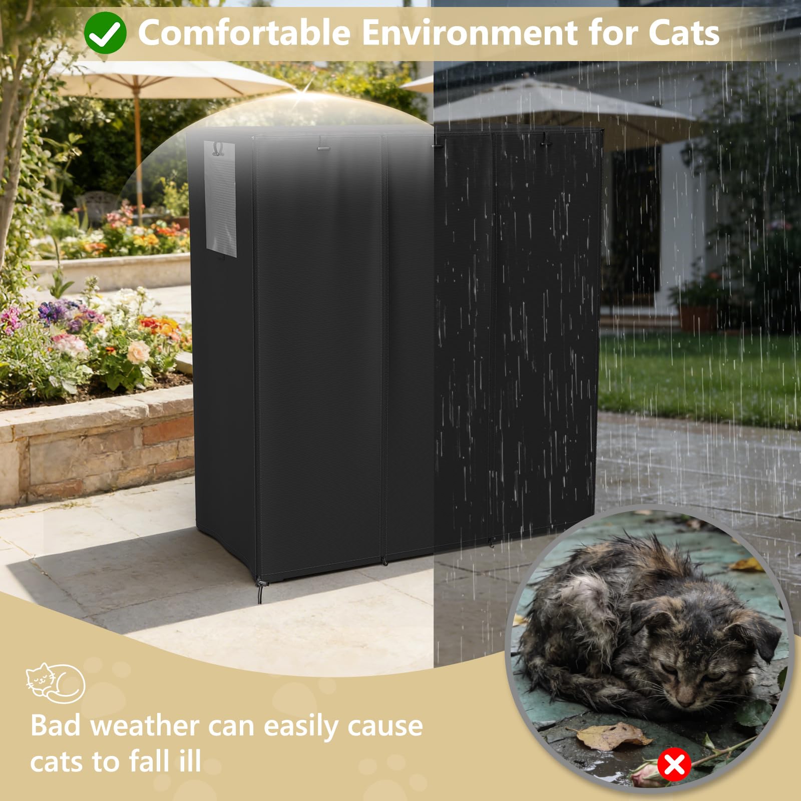 COSHNIBI Catio Cover se range dans le sac fourni pour un rangement compact.