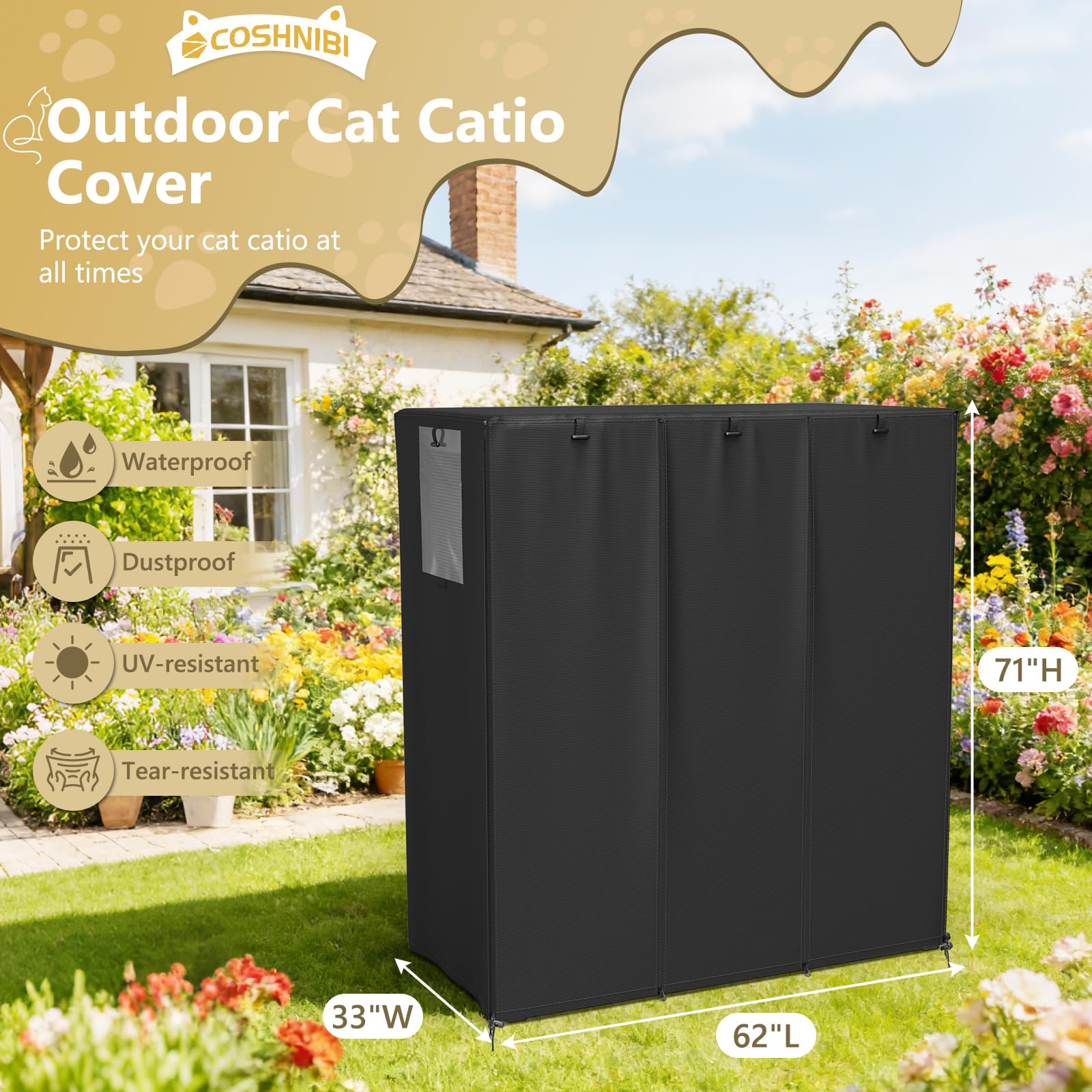 COSHNIBI Catio Cover présente des fermetures éclair frontales pour un accès facile.