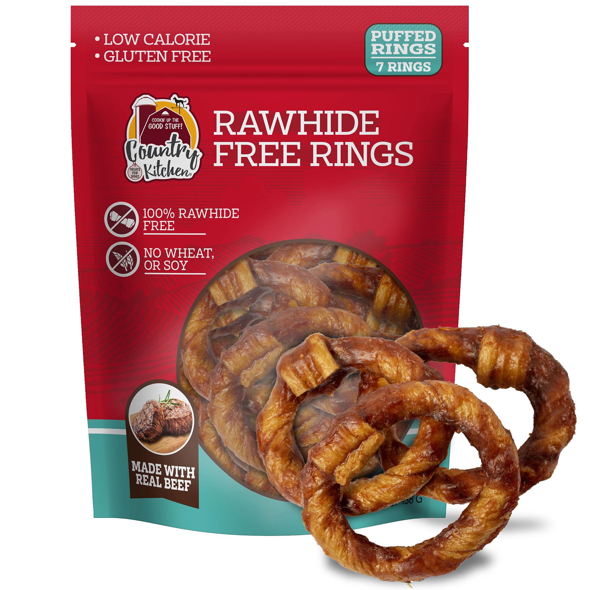 Country Kitchen – anneaux de boeuf sans cuir pour chien, texture moelleuse et faciles à mâcher.