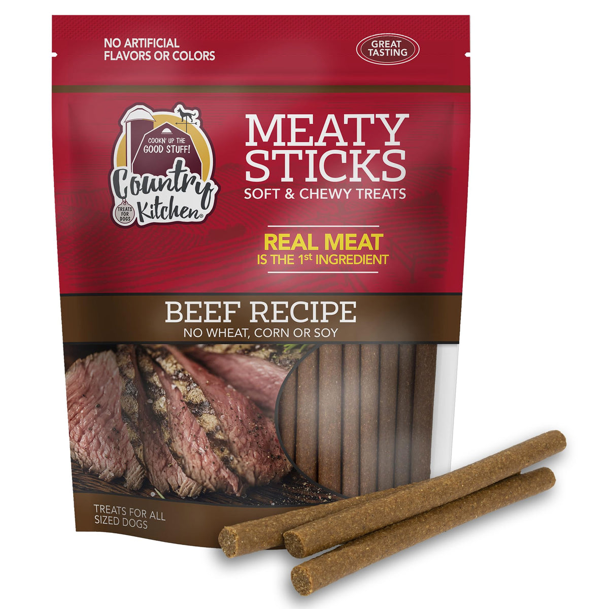 Country Kitchen boeuf sticks moelleux, friandise savoureuse pour chiens actifs.