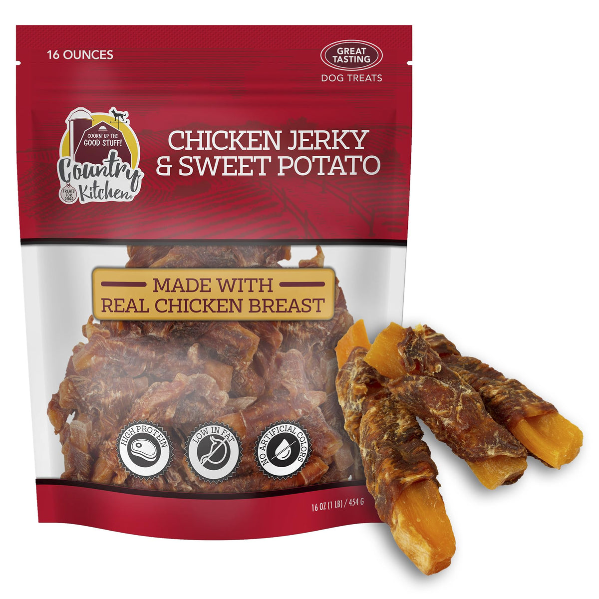Country Kitchen Jerky Tenders poulet et patate douce, bouchées appetentes pour chiens actifs.