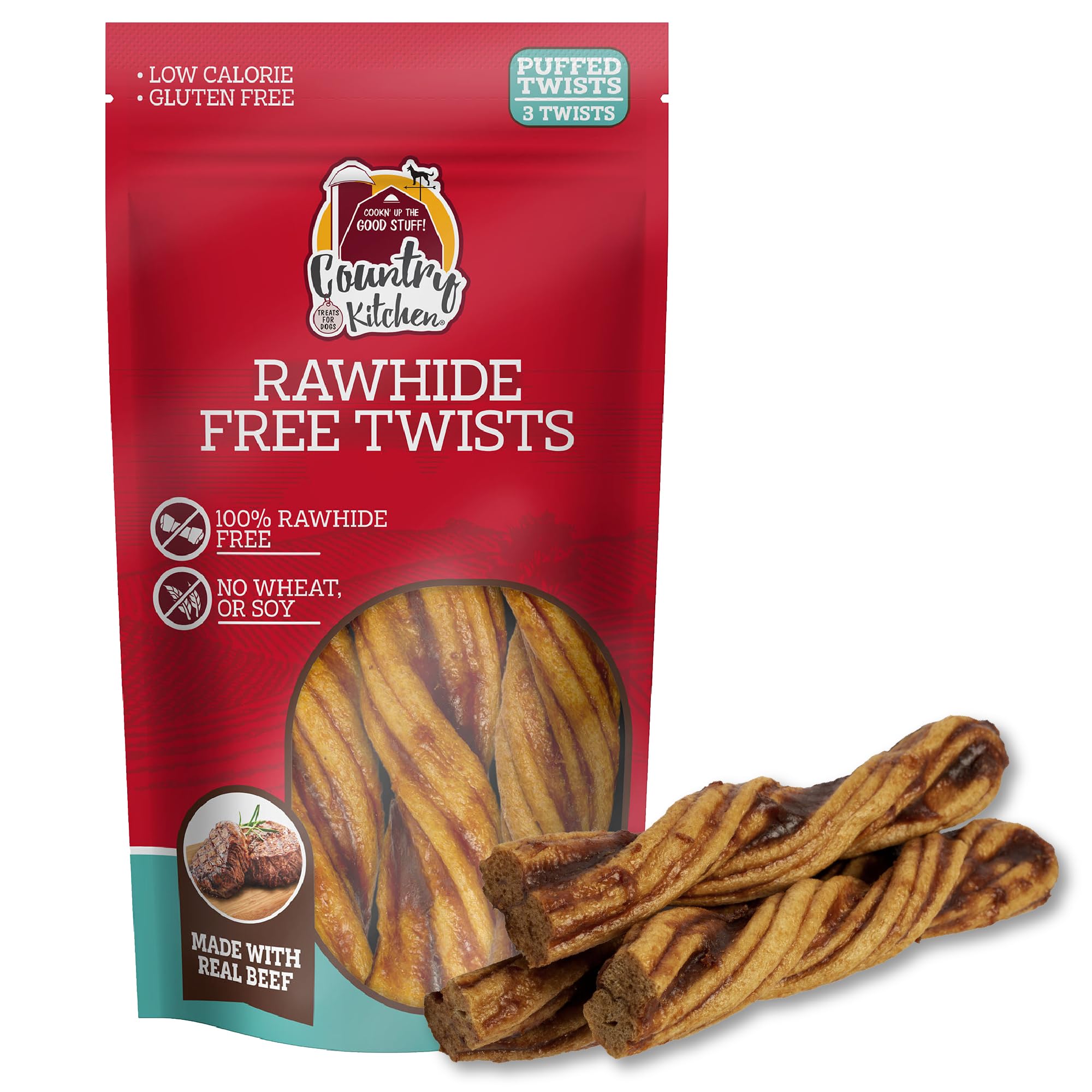 Country Kitchen Twists boeuf sans rawhide — photo-produit montrant texture tendre et appétissante