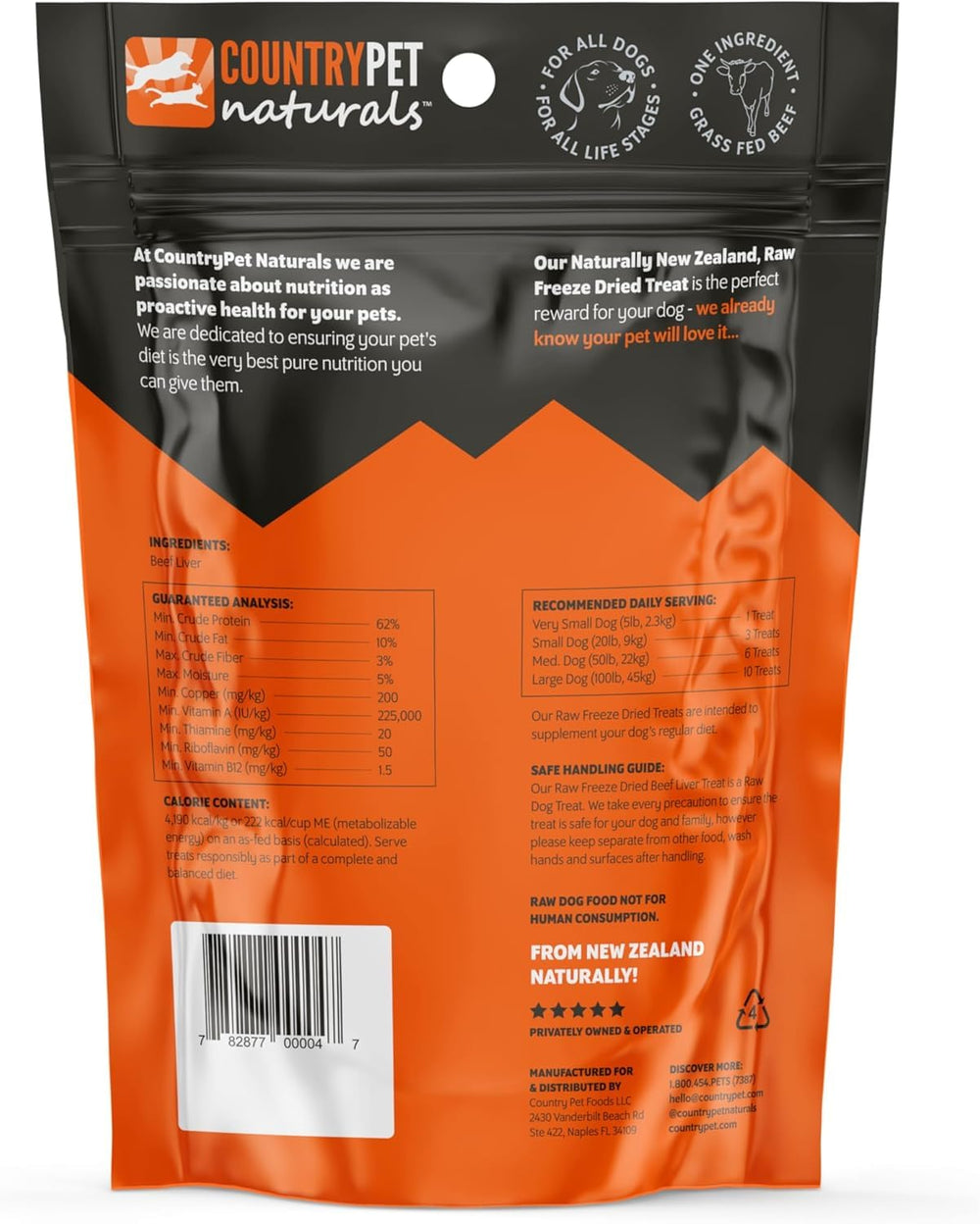 Emballage CountryPet Naturals de friandises bœuf lyophilisé, pratique et sans réfrigération.