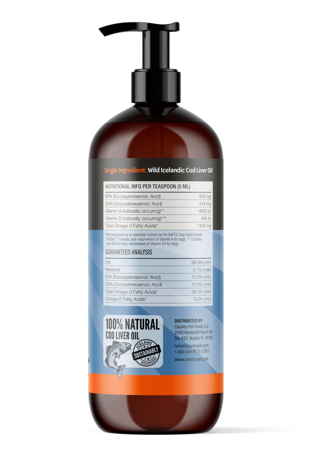 CountryPet Naturals huile foie morue: EPA et DHA eleves pour mobilité.