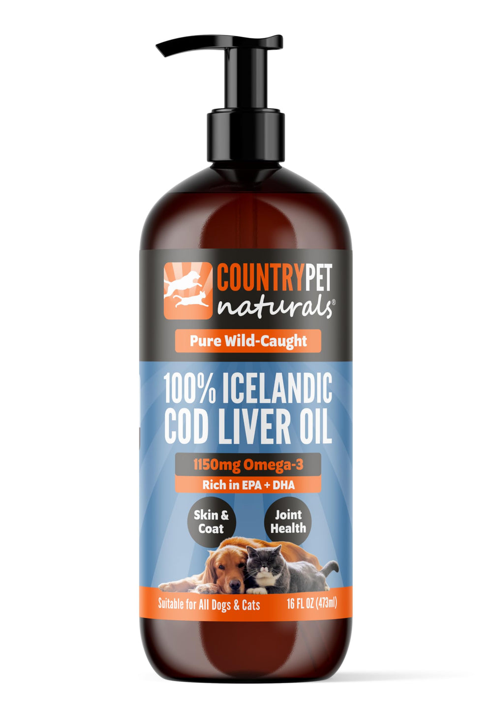 CountryPet Naturals huile foie morue islandaise pur: bouteille prête pour peau et pelage sains.