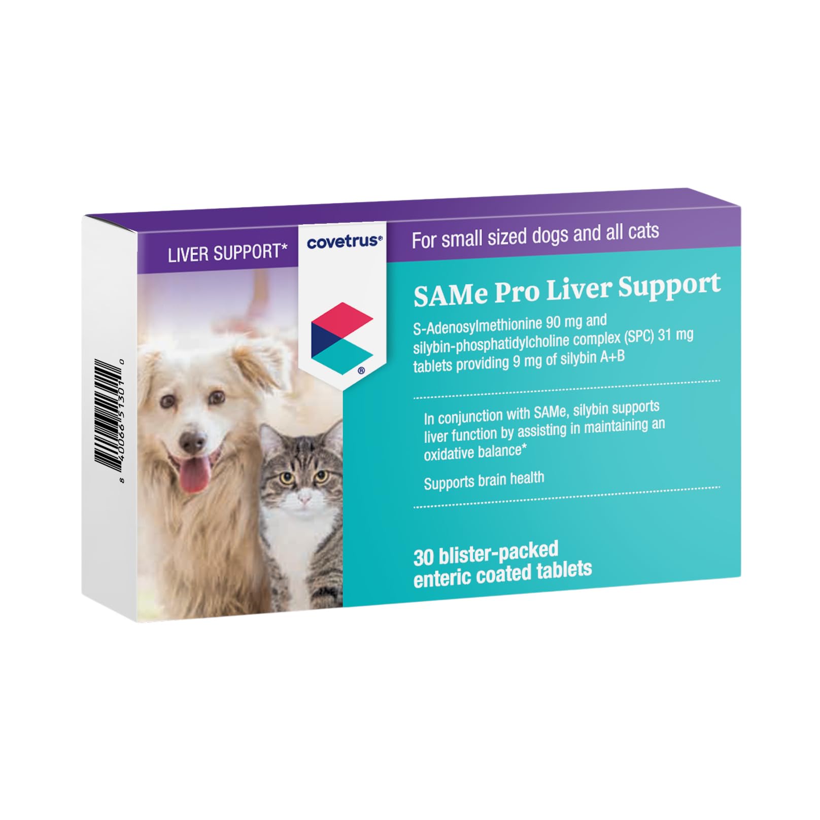 Comprimé violet Covetrus SAMe Pro, soutien potentiel au foie pour petits chiens et chats.