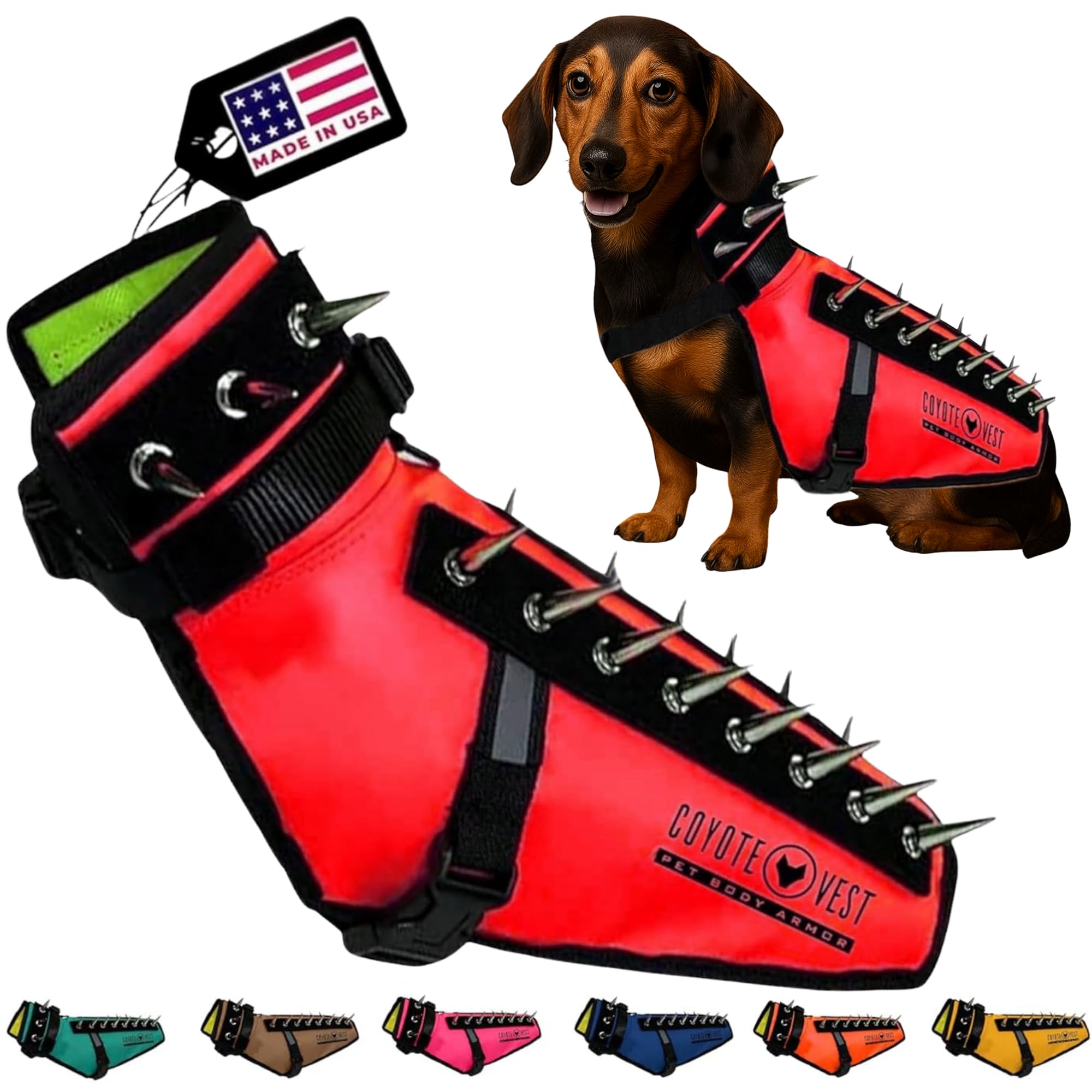 Harnais CoyoteVest avec spikes rouges pour promenade sécurisée.