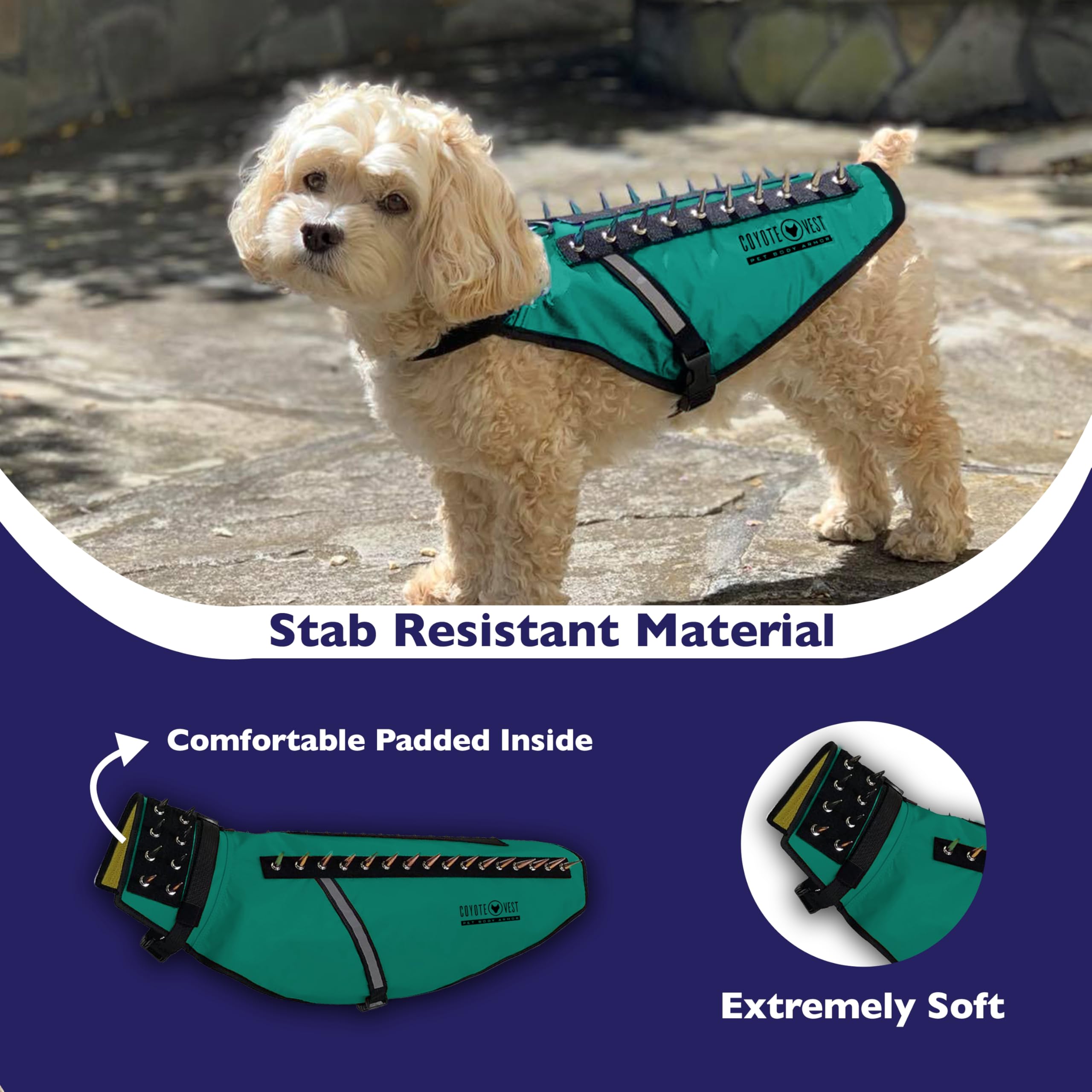 CoyoteVest spikes amovibles dos, défense ajustable pour situations d'attaque.