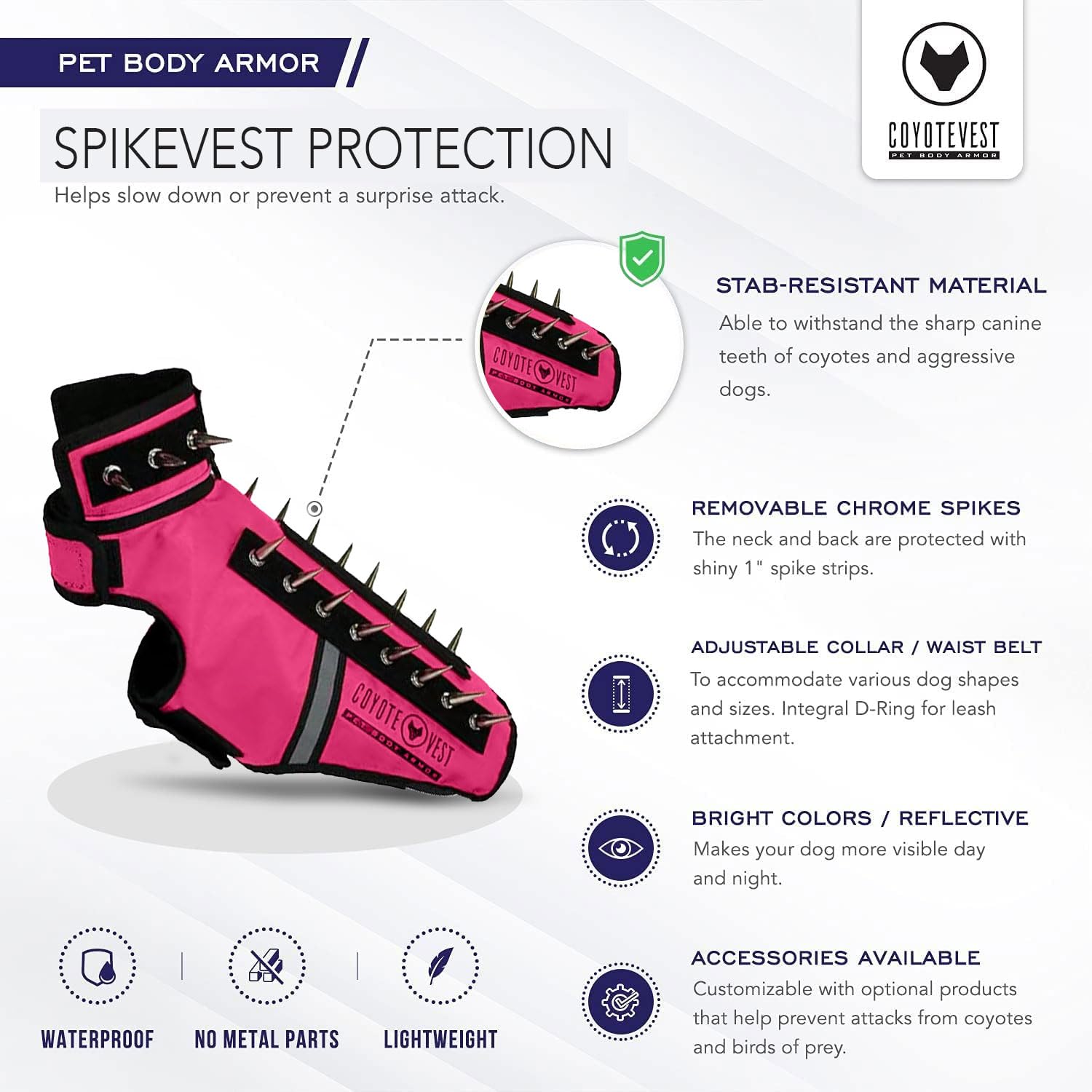 CoyoteVest SpikeVest, imperméable et sans métal pour éviter la rouille.
