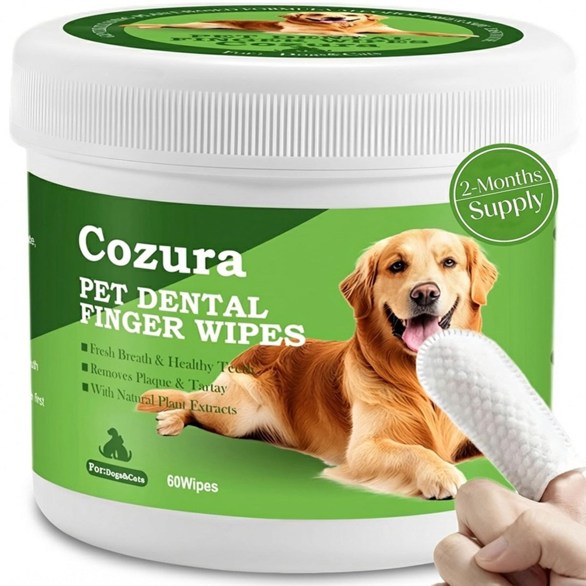 Cozura lingettes dentaires pour chien, nettoyage rapide après repas et haleine fraîche.