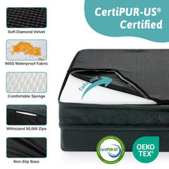 Confort certifié COZY KISS avec OEKO-TEX et CertiPUR-US pour sécurité et durabilité.