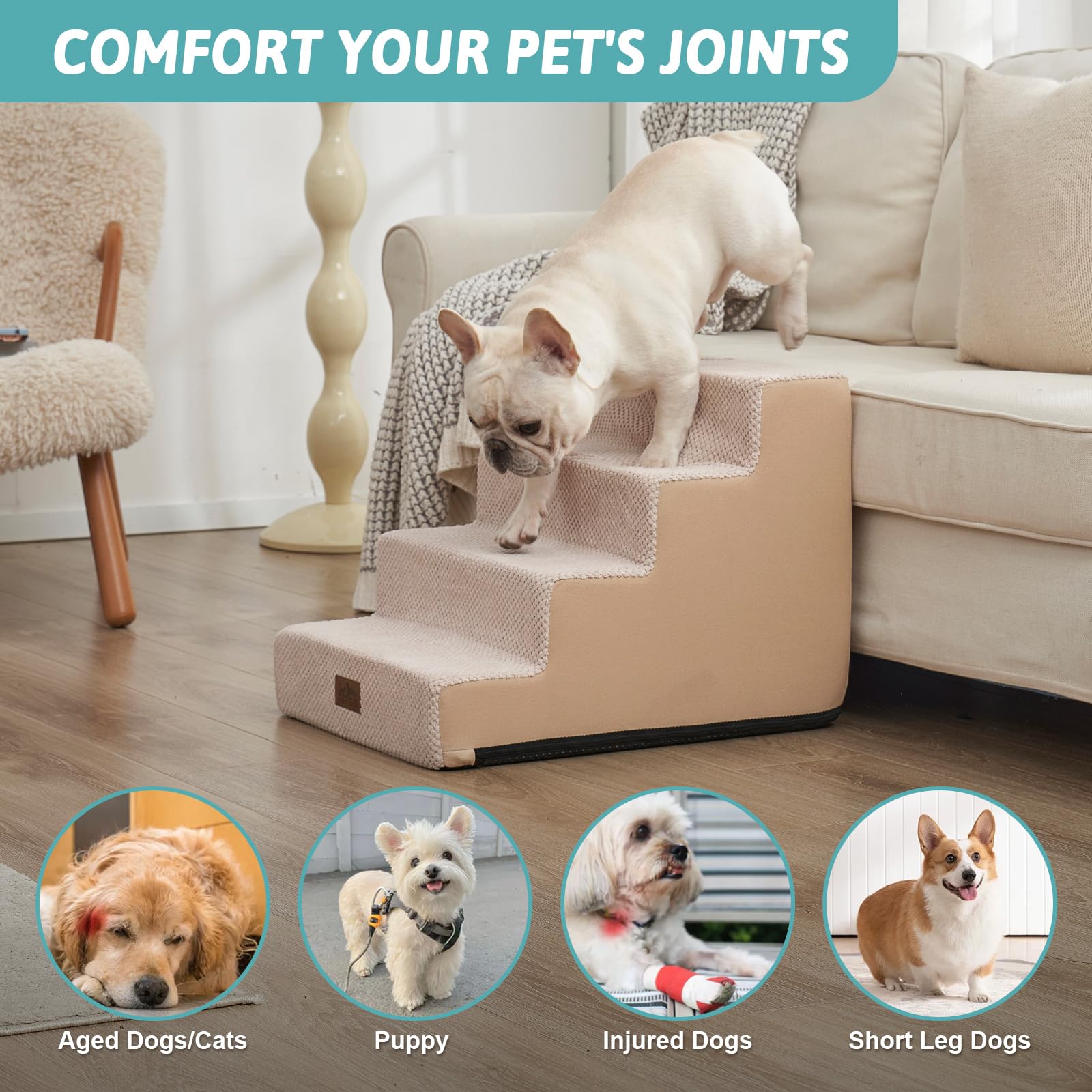 COZY KISS escaliers chien 4 niveaux pour lit, montée en douceur.