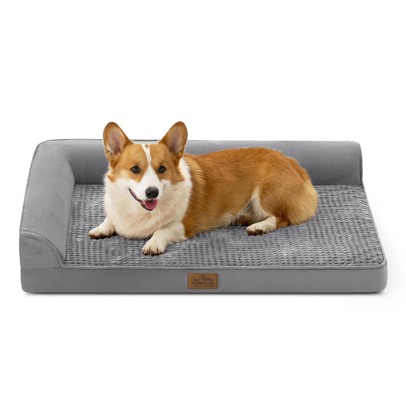 Lit orthopédique COZY KISS en forme L pour chien de grande taille, soutien et confort.