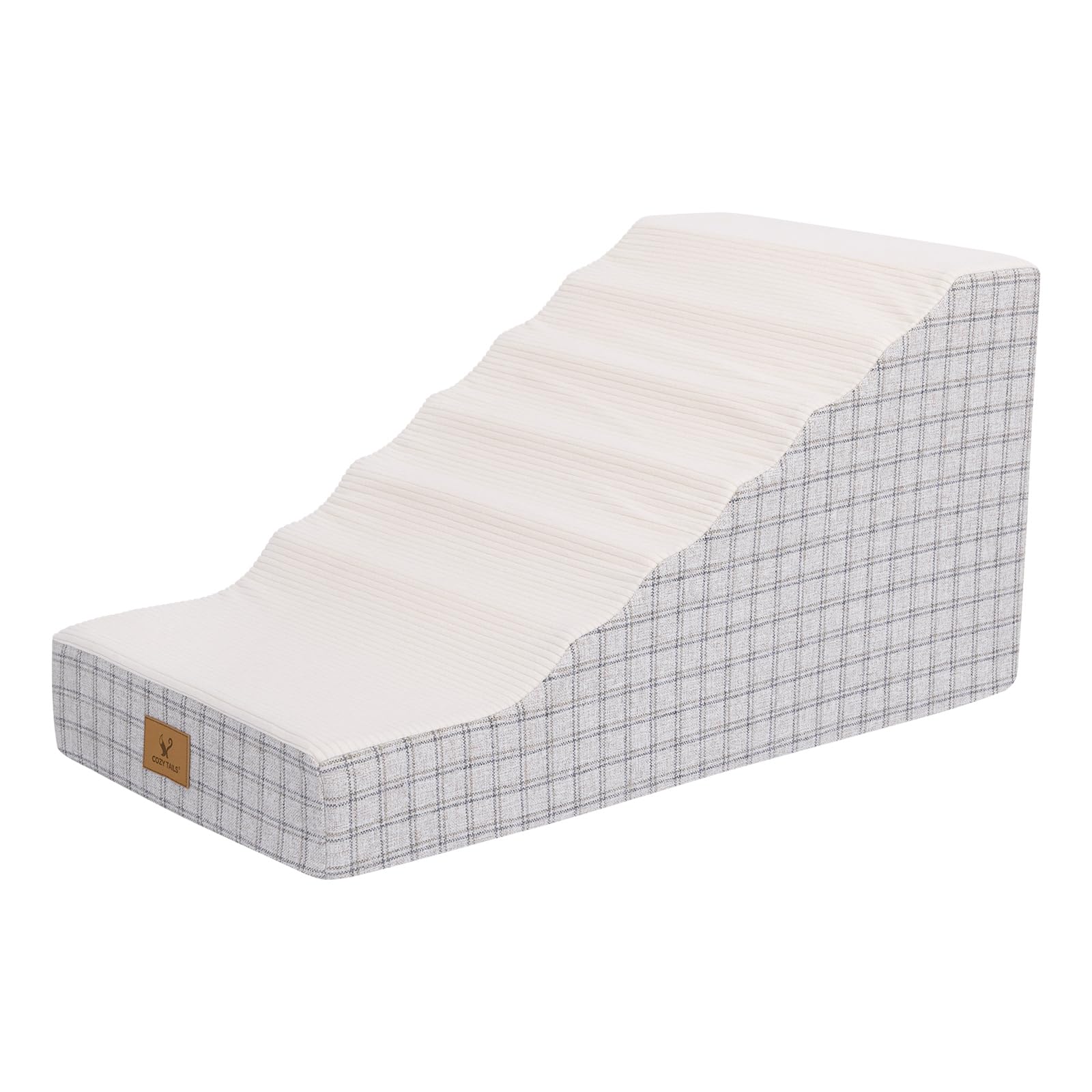 Cozy Tails rampe pour petits chiens et seniors sur lit beige, sécurité et autonomie.