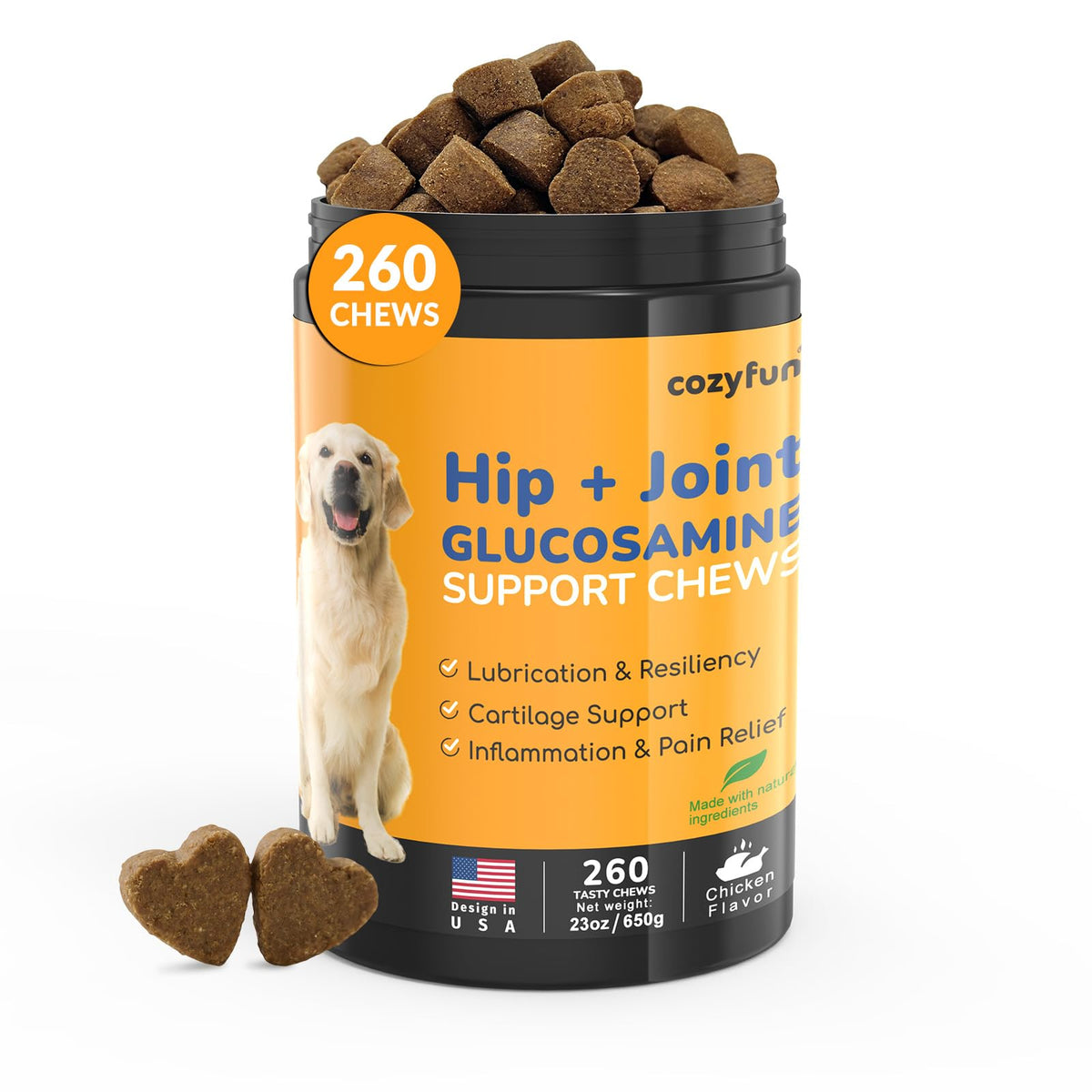 Cozyfun glucosamine pour chien, bouteille visible, soutien articulations potentiel.
