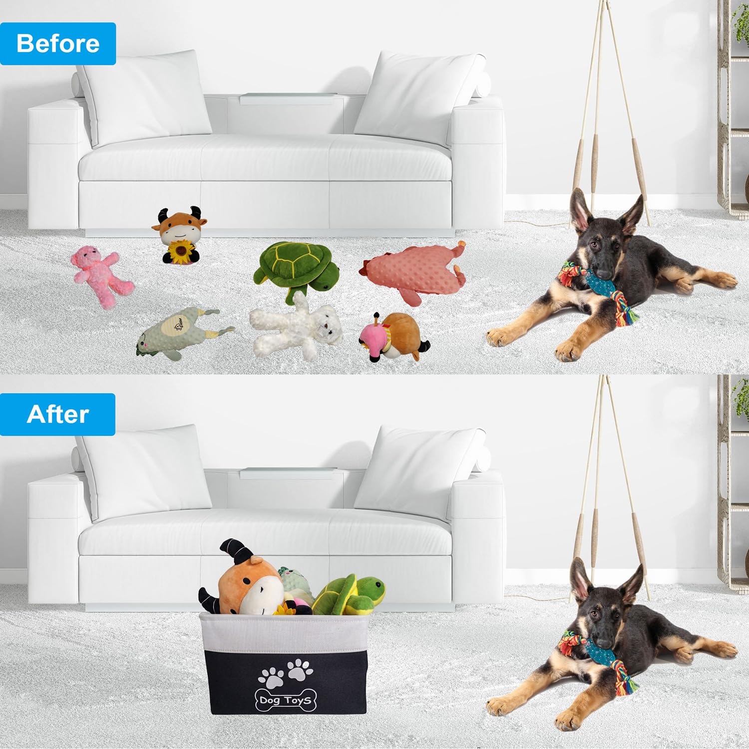 Polyvalent: organise jouets, couvertures et accessoires animaux.