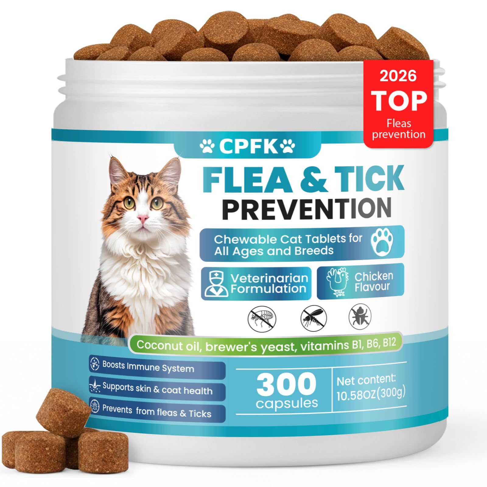 CPFK emballage des pastilles anti-puces et tiques pour chat, pratique et prête à l’emploi.