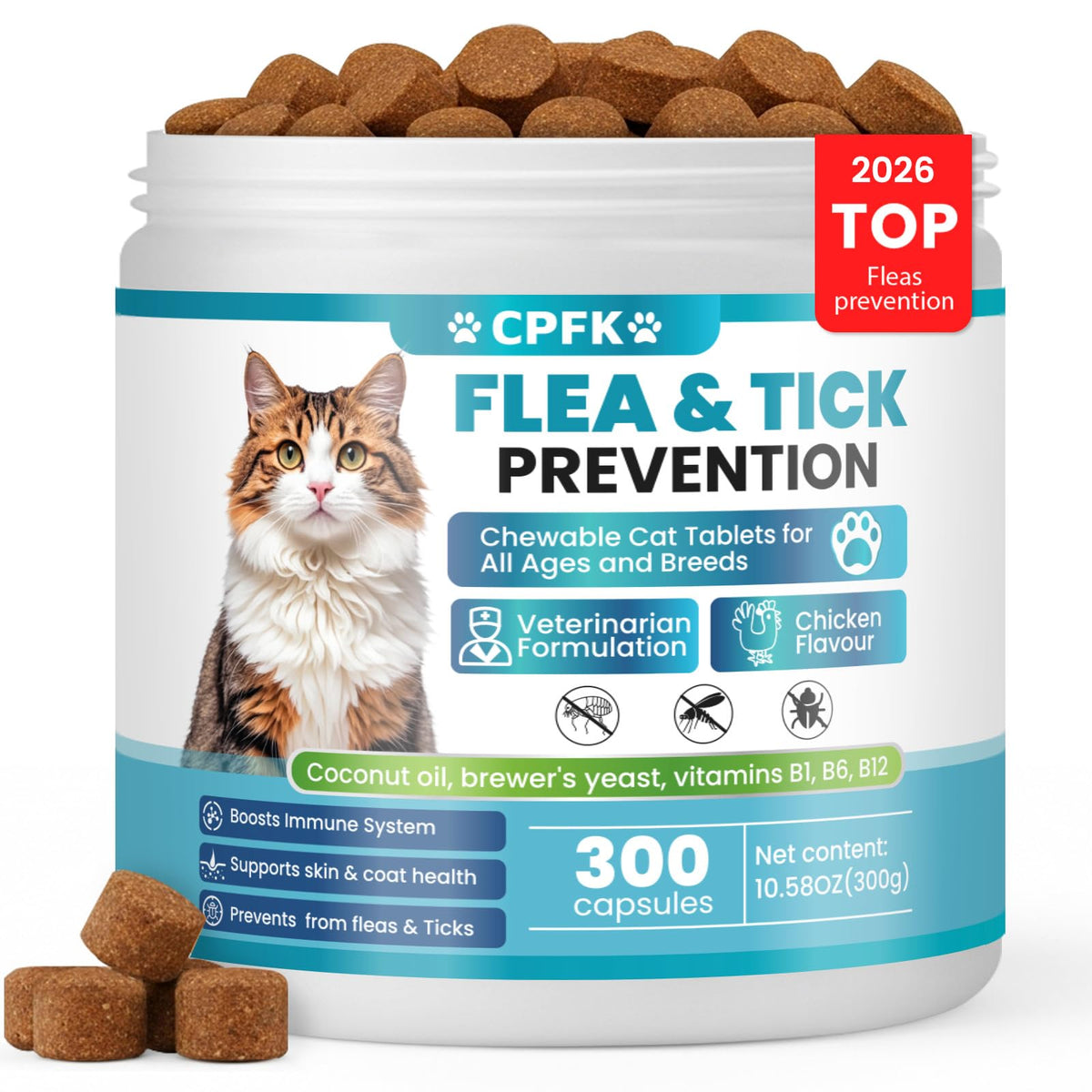 CPFK emballage des pastilles anti-puces et tiques pour chat, pratique et prête à l’emploi.