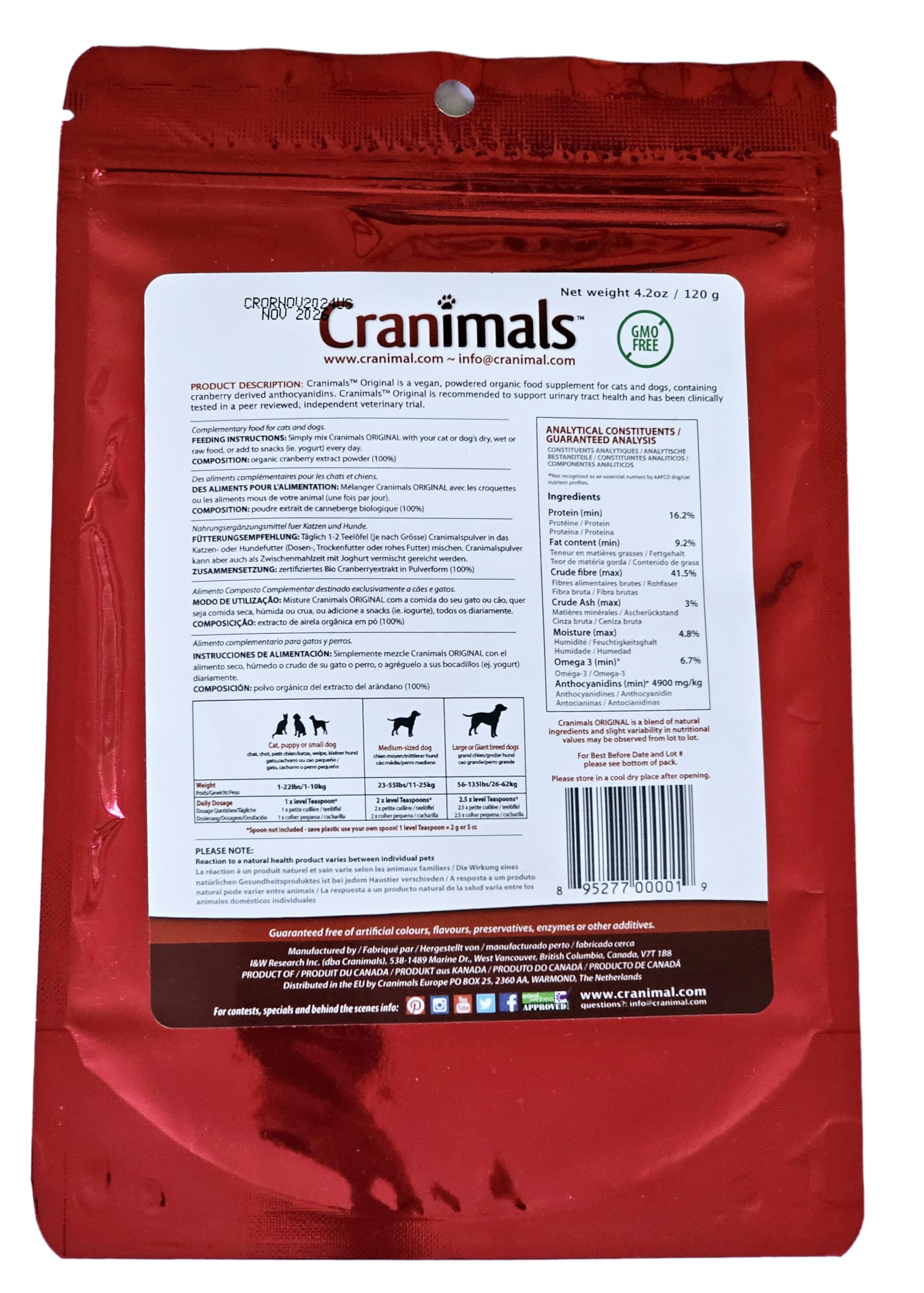 Cranimals: poudre de canneberge facile à ajouter dans l’alimentation animale.