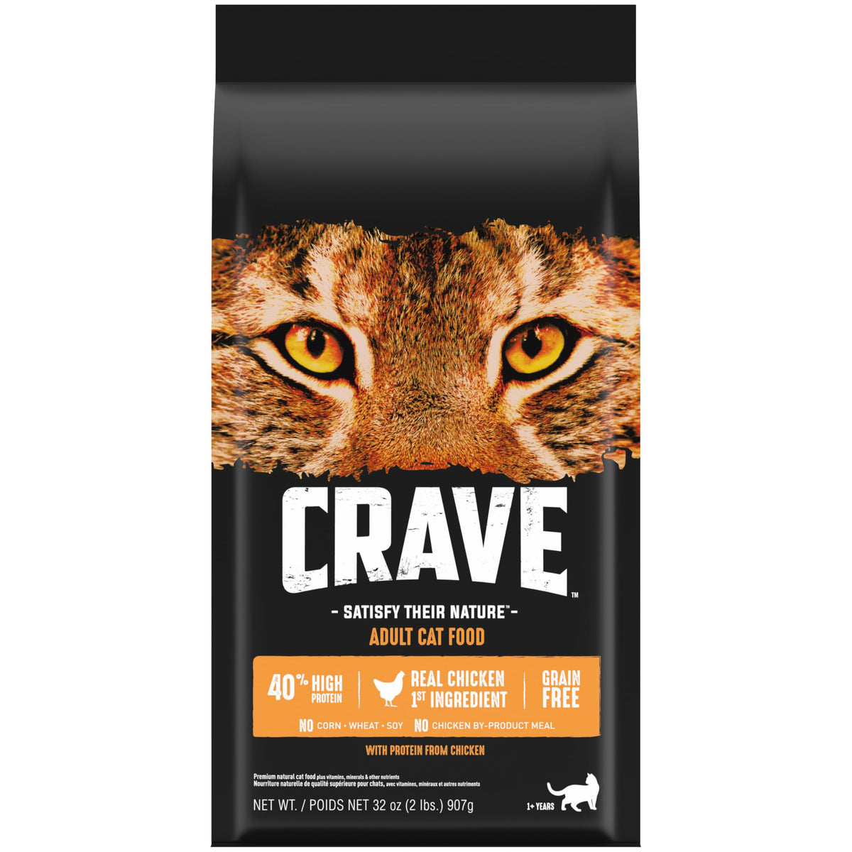 CRAVE croquettes sans céréales pour chat adulte, sac de 2 lb, emballage pratique.
