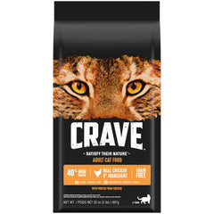 CRAVE croquettes sans céréales pour chat adulte, sac de 2 lb, emballage pratique.