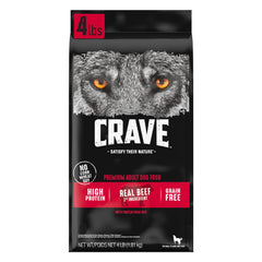 CRAVE croquettes sans céréales au boeuf pour chien adulte, goût riche et protéines élevées.