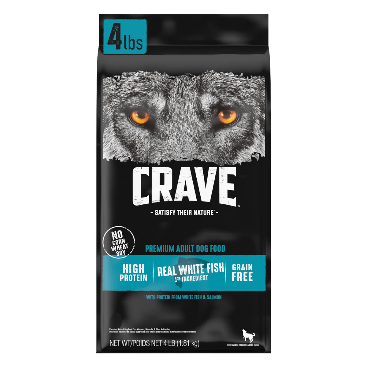 CRAVE sac de 4 lb sans céréales au saumon et poisson blanc pour chiens actifs.